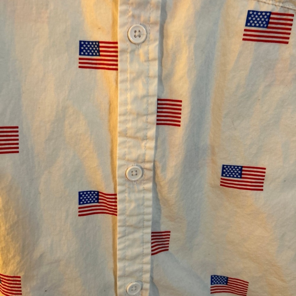 White Short-Sleeve Button-Up Shirt with Flag Print - Picture 2 of 5